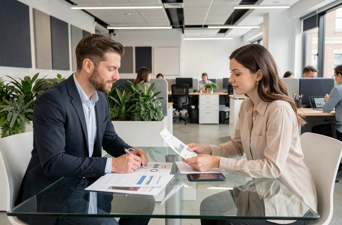 Deux professionnels indépendants discutant d'optimisation de trésorerie dans un espace de coworking