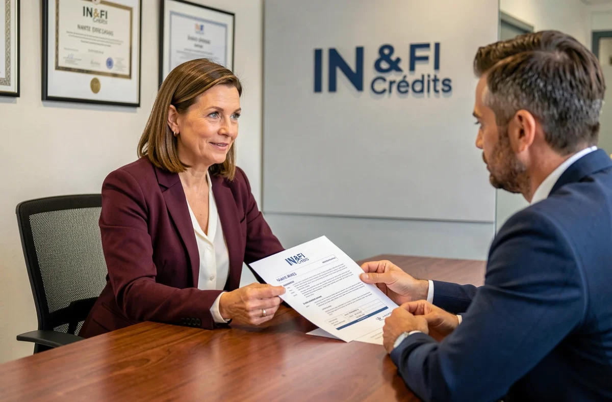 Conseillère IN&FI Crédits Nantes présentant une proposition de prêt immobilier à un client en salle de réunion