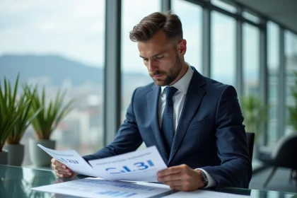 Ingénieur suisse en costume marine consultant des documents de salaire dans un bureau moderne à Zurich