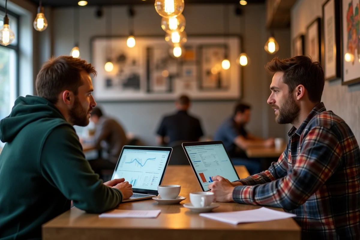 Deux ingénieurs discutant de comparatifs de salaires sur ordinateur portable dans un café contemporain à Bâle