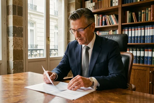 Investisseur immobilier en costume marine analysant des documents financiers liés à une SCPI Malraux dans un bureau parisien en pierre apparente