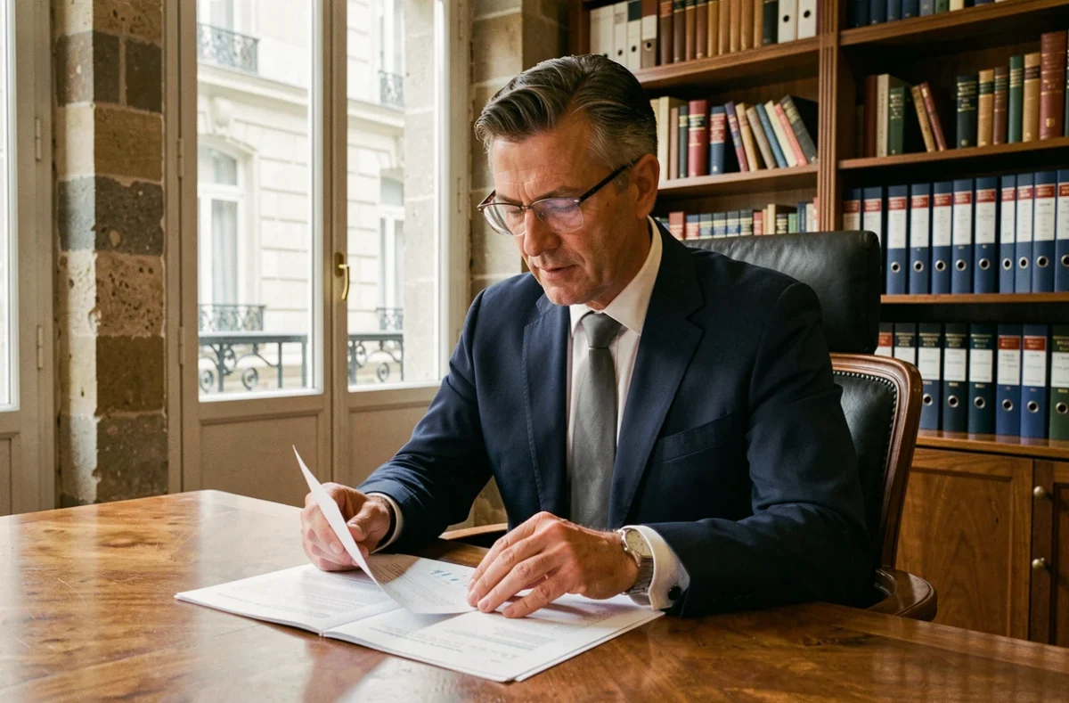 Investisseur immobilier en costume marine analysant des documents financiers liés à une SCPI Malraux dans un bureau parisien en pierre apparente