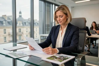 Investisseuse analysant un portefeuille immobilier européen de la SCPI Coeur d'Europe dans un bureau moderne