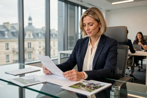 Investisseuse analysant un portefeuille immobilier européen de la SCPI Coeur d'Europe dans un bureau moderne