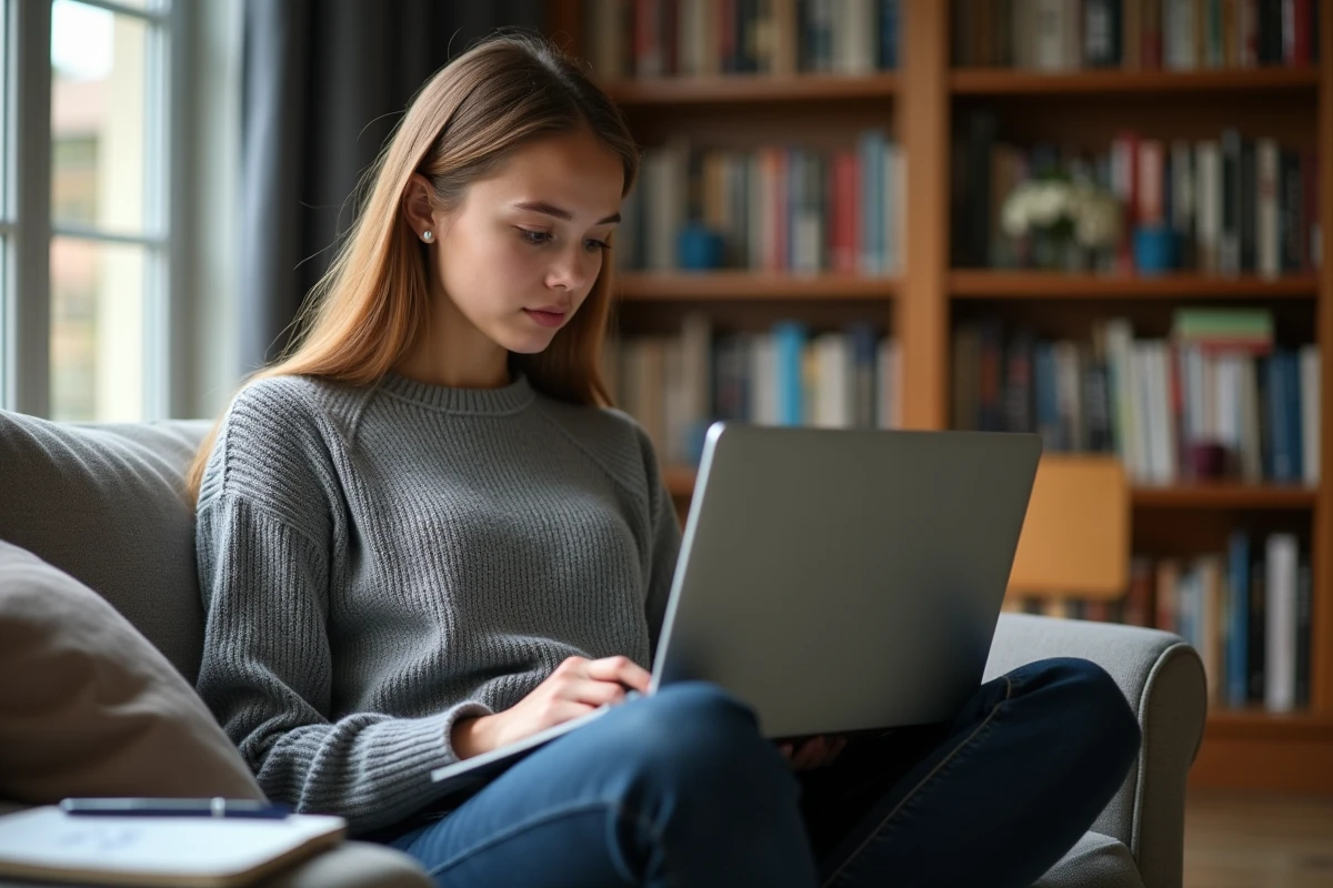 Jeune enseignante vérifiant les changements de salaire 2026 sur le site du ministère de l'Éducation depuis son domicile