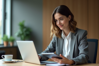 Jeune femme professionnelle au bureau avec ordinateur portable