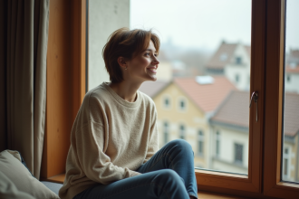 Jeune femme en intérieur regardant par la fenêtre