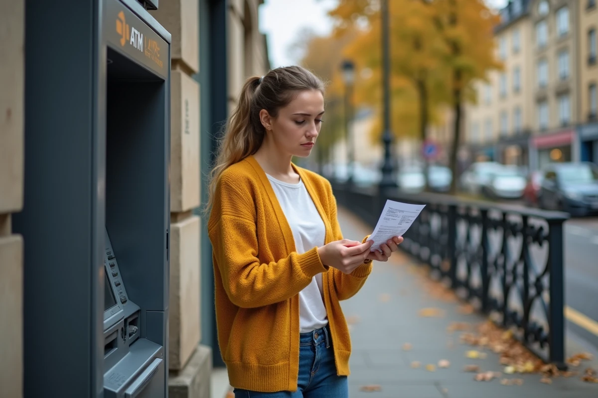 Jeune femme lisant un reçu de distributeur automatique inquiète de l'absence d'un virement CAF