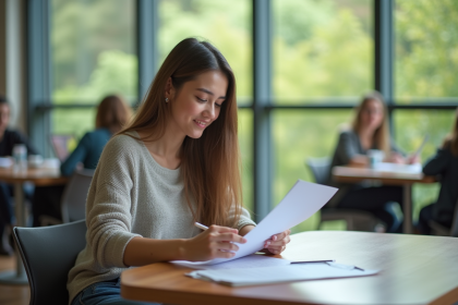 Jeune femme étudiant des documents de prêt dans une université