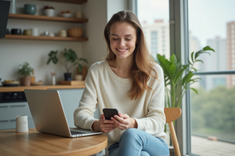 Jeune femme dans la cuisine avec smartphone et ordinateur