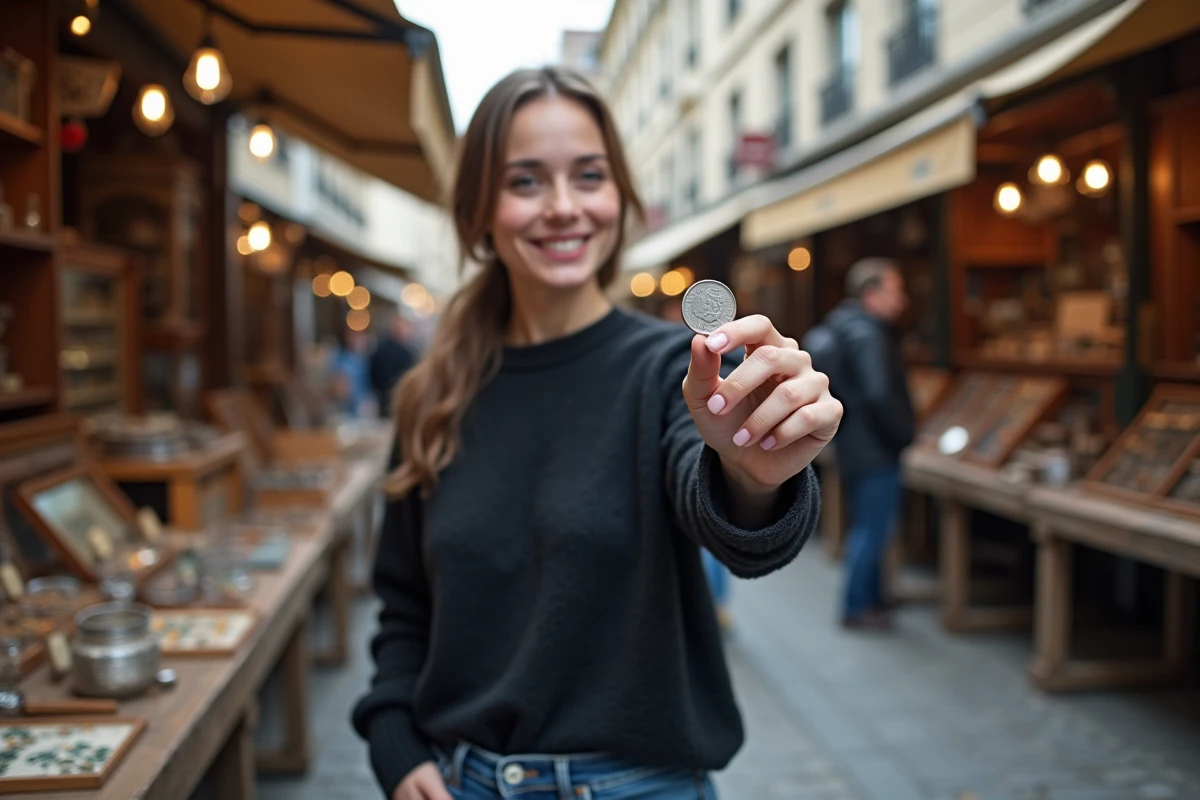 Jeune femme observant une pièce de 50 Francs dans un marché aux antiquités