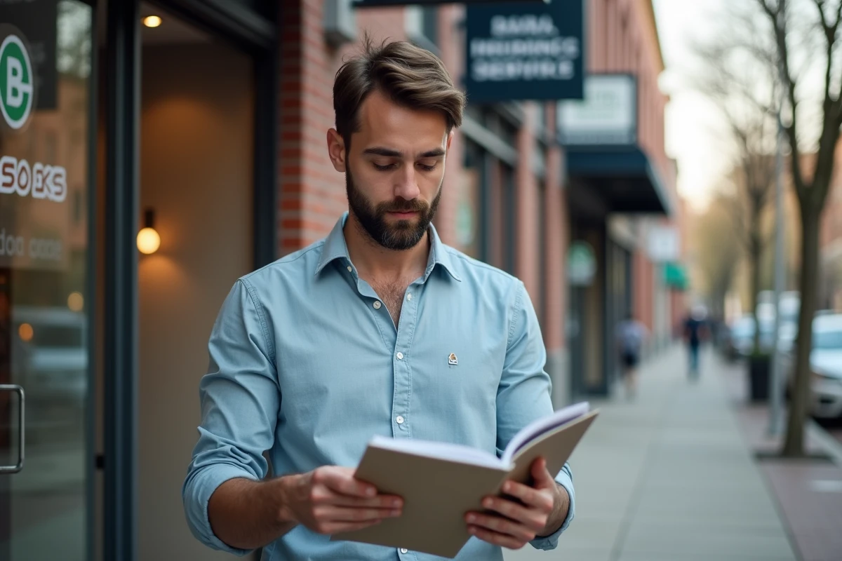 Jeune homme devant une agence d