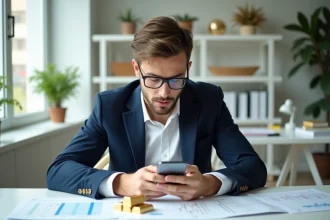 Jeune homme en costume étudiant son smartphone dans un bureau moderne