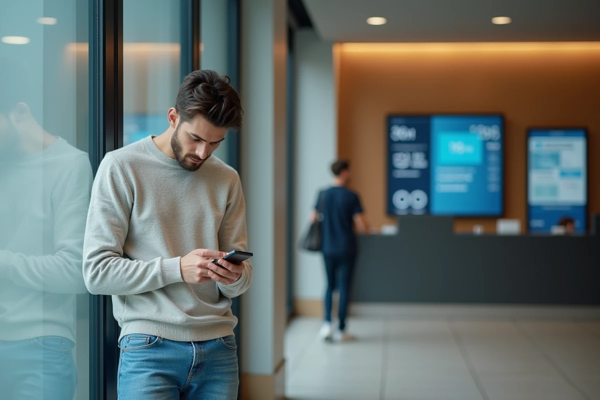Jeune homme utilisant son smartphone dans une agence bancaire