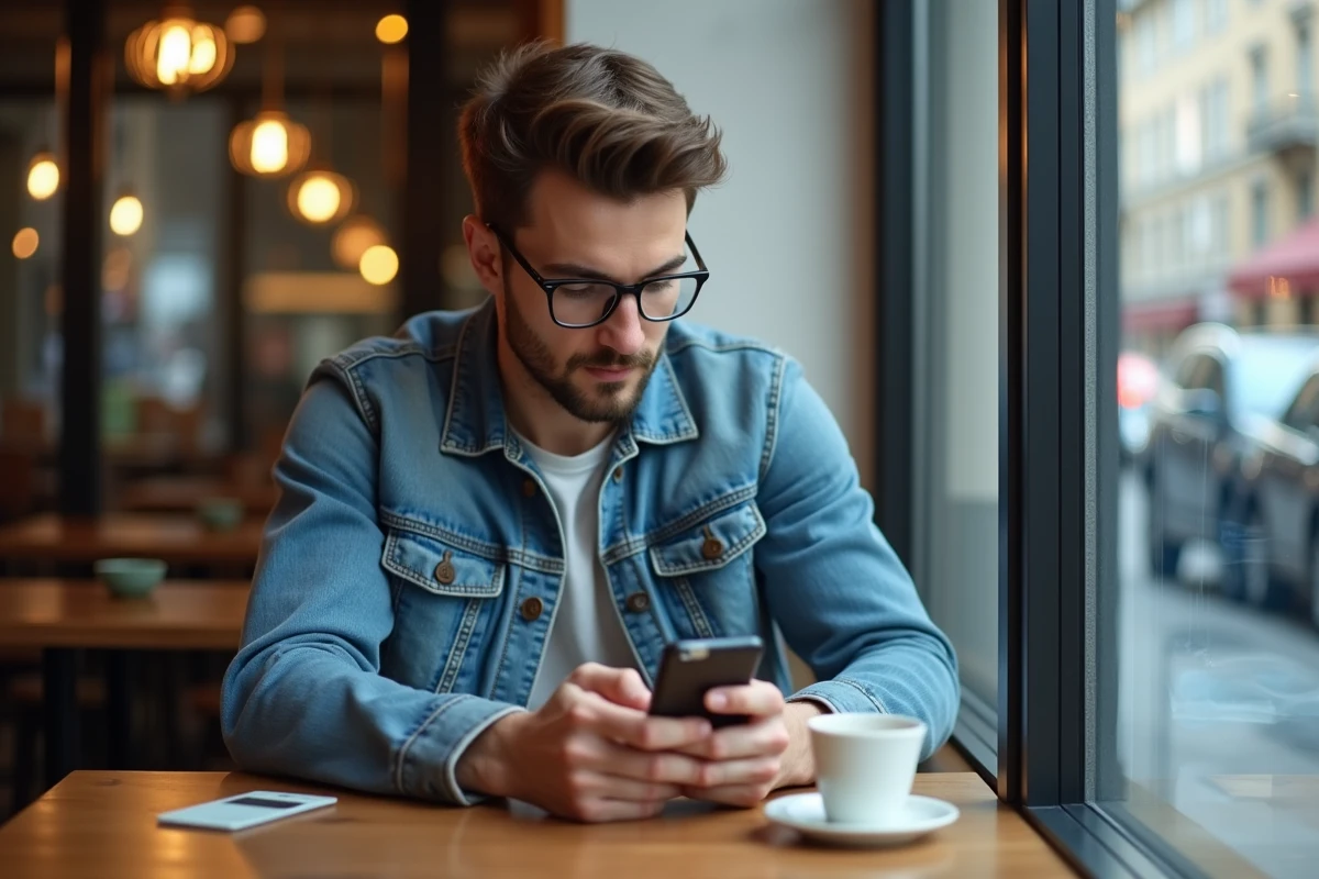 Jeune homme au café utilisant son smartphone pour accéder à la banque