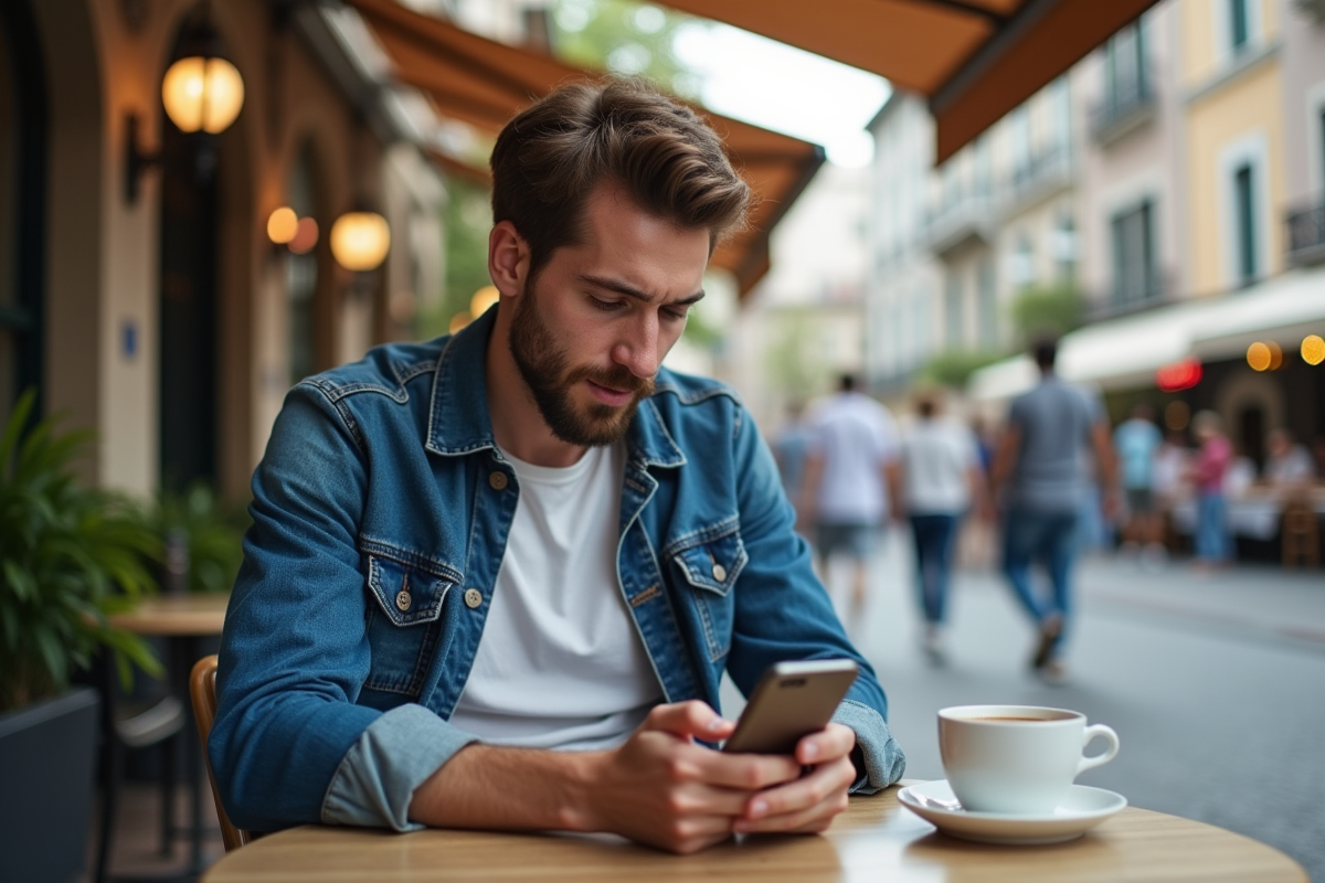 Jeune homme vérifiant des graphiques crypto au café