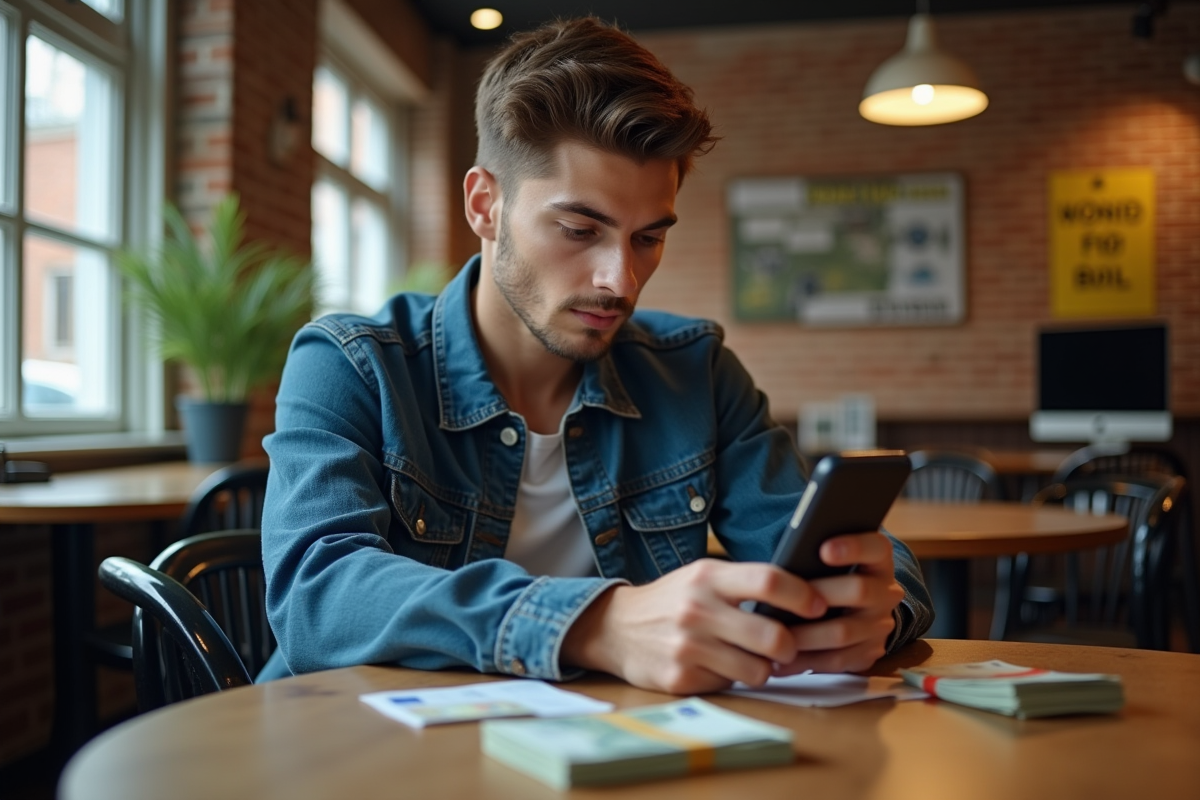 Jeune homme utilisant son smartphone dans un cybercafe