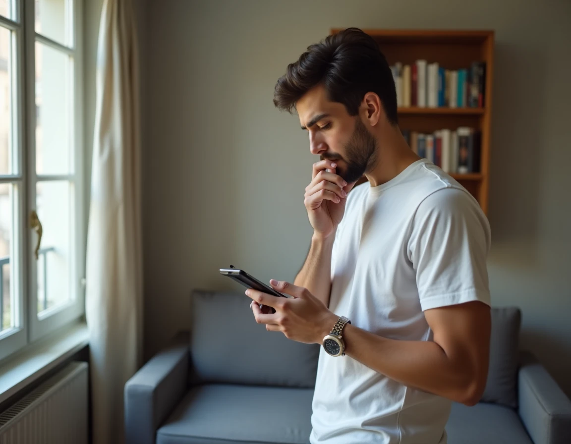 Jeune homme consultant un simulateur de salaire net SMIC sur smartphone dans son appartement