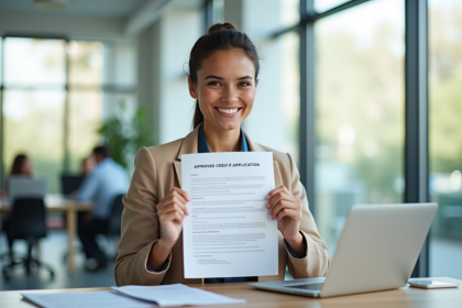 Jeune professionnel souriant tenant une demande de crédit acceptée