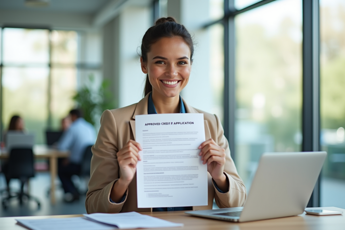 Jeune professionnel souriant tenant une demande de crédit acceptée