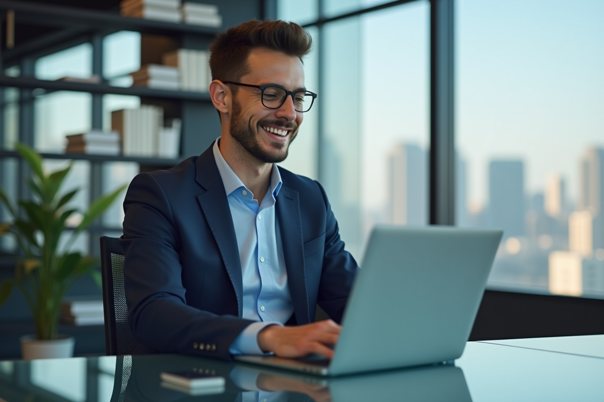 Jeune homme en costume dans un bureau moderne pour l'article