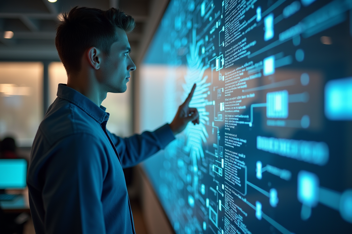 Jeune professionnel interagissant avec symbole de securite digitale