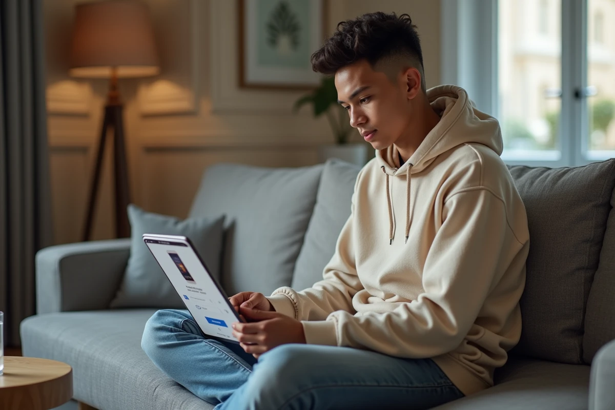 Jeune personne utilisant une tablette pour payer sur Amazon via PayPal sans carte bancaire dans un salon