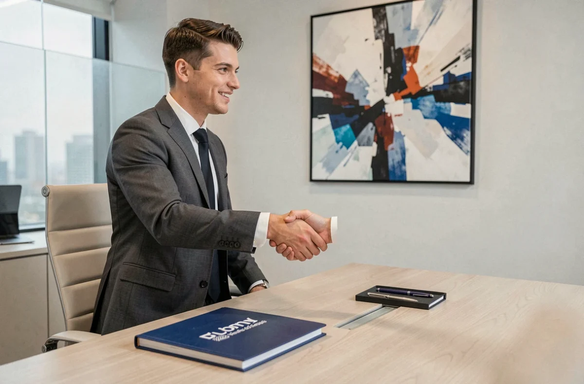 Courtier Keniel concluant un accord avec un client dans un bureau contemporain