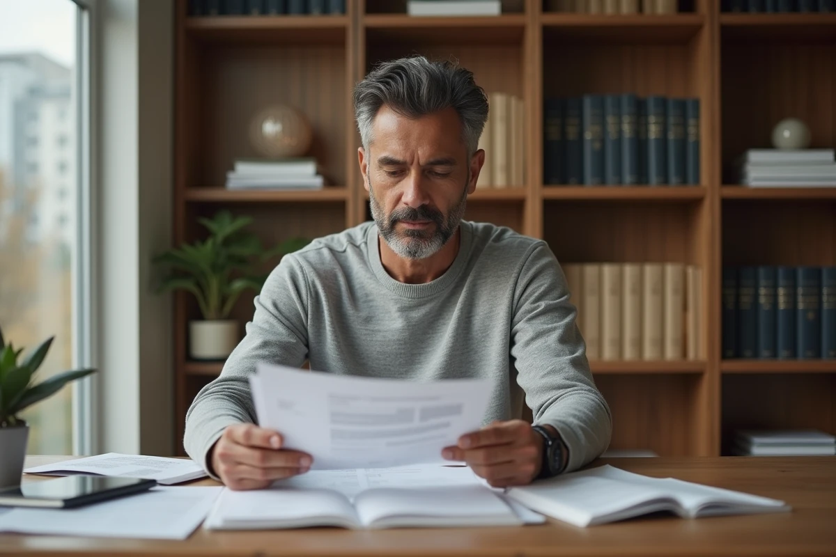 Kyle Baugher dans son bureau privé analysant des documents financiers, homme discret et influent en 2026