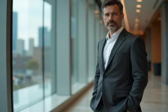 Kyle Baugher, financier discret en costume gris anthracite dans le hall d'un immeuble moderne, portrait éditorial 2026