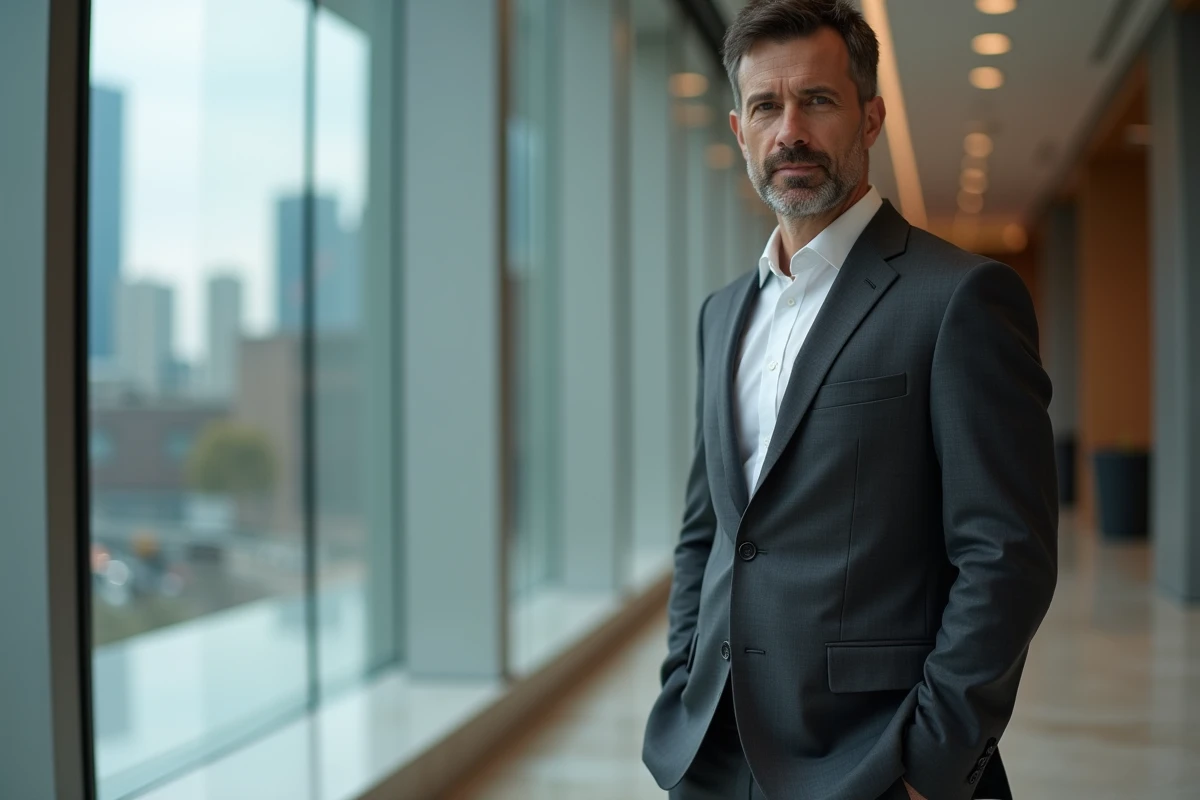 Kyle Baugher, financier discret en costume gris anthracite dans le hall d'un immeuble moderne, portrait éditorial 2026