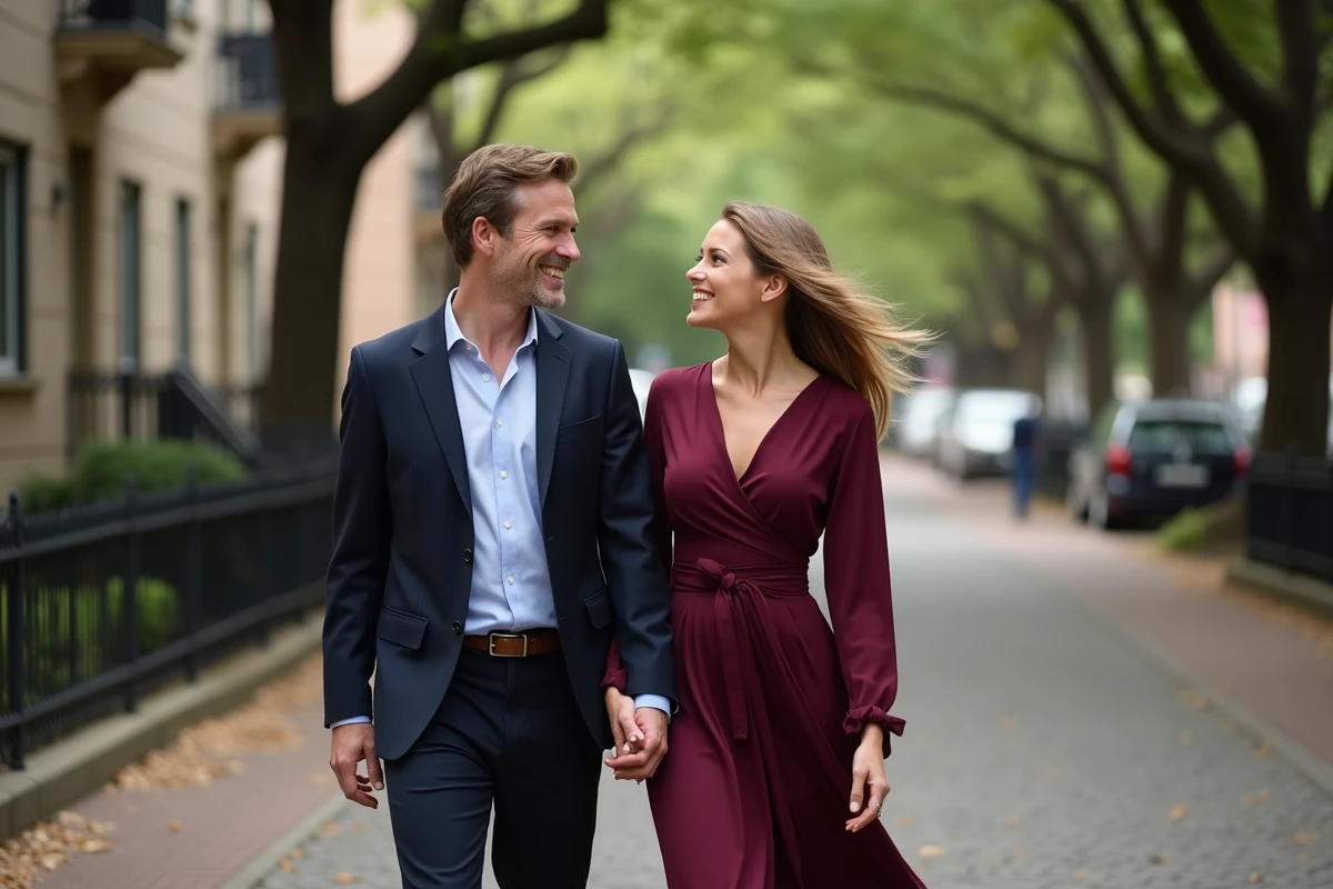 Kyle Baugher et Kelly Reilly se promenant ensemble dans un quartier chic, couple discret et élégant en 2026