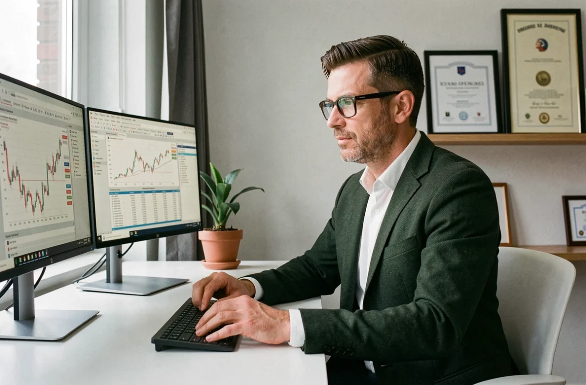 Conseiller LGFINANCE analysant un dossier de financement immobilier dans son bureau nantais