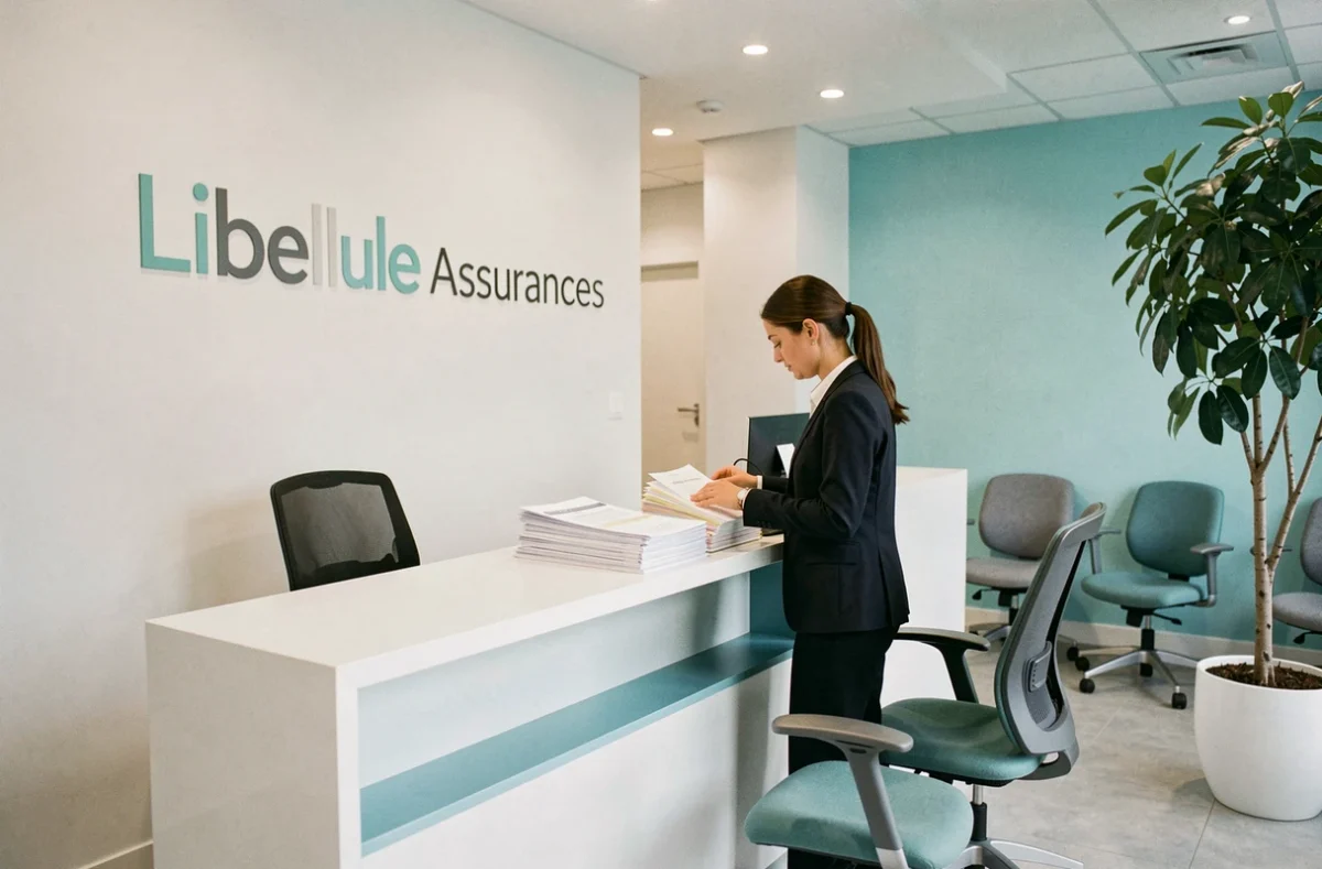 Réception de l'agence Libellule Assurances avec une conseillère en train d'organiser des dossiers