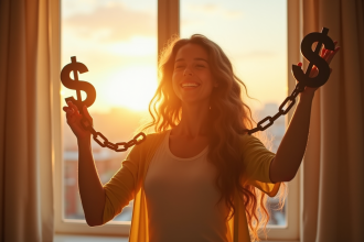 Jeune femme joyeuse brisant des chaînes de dollars