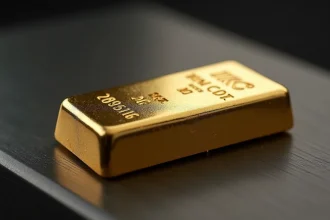 Gros plan sur un lingot d'or 250g avec poinçons et numéro de série visibles, posé sur une surface en acier brossé sombre