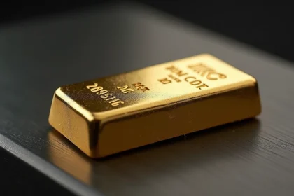 Gros plan sur un lingot d'or 250g avec poinçons et numéro de série visibles, posé sur une surface en acier brossé sombre