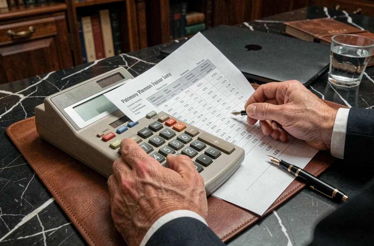 Mains d'un professionnel utilisant une calculatrice et des documents de planification patrimoniale sur un bureau en marbre
