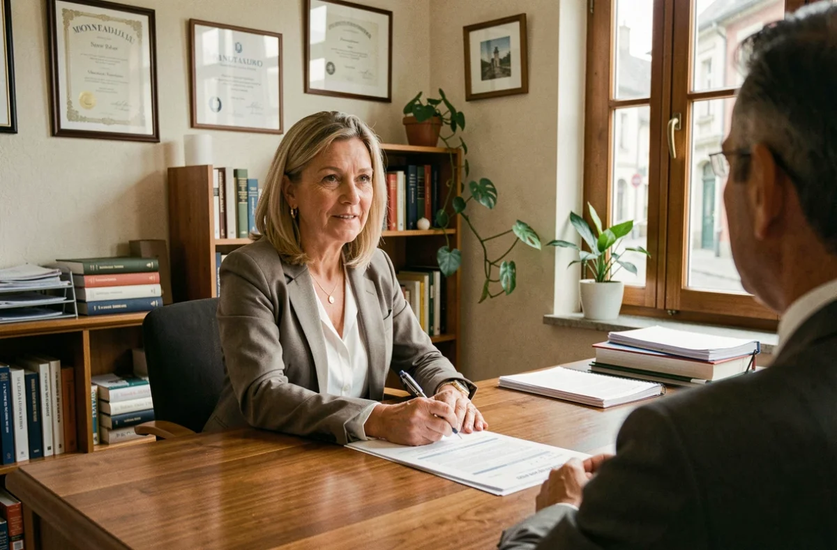 Marie-Paule Marty, courtière indépendante à Montauban, travaillant sur un dossier de prêt immobilier dans son bureau personnel