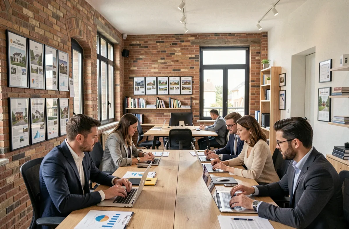 Vue d'ensemble d'un bureau de courtage immobilier moderne à Montauban en Tarn-et-Garonne avec des professionnels en consultation