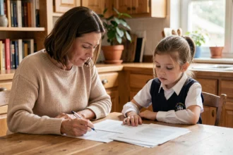 Mère et enfant en uniforme scolaire examinant les documents d'une assurance scolaire à la table familiale