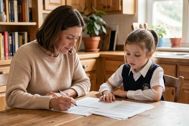 Mère et enfant en uniforme scolaire examinant les documents d'une assurance scolaire à la table familiale