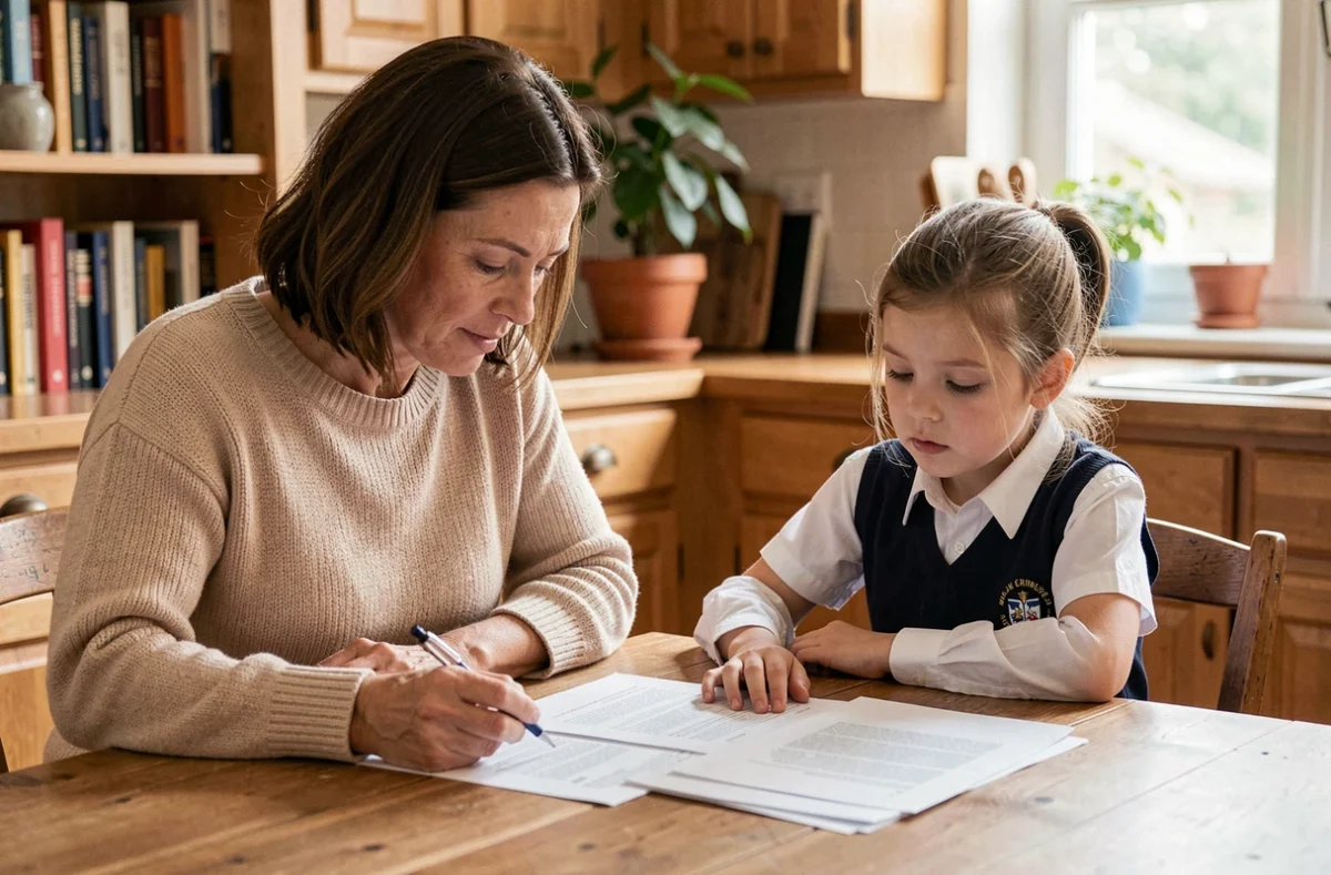 Mère et enfant en uniforme scolaire examinant les documents d'une assurance scolaire à la table familiale