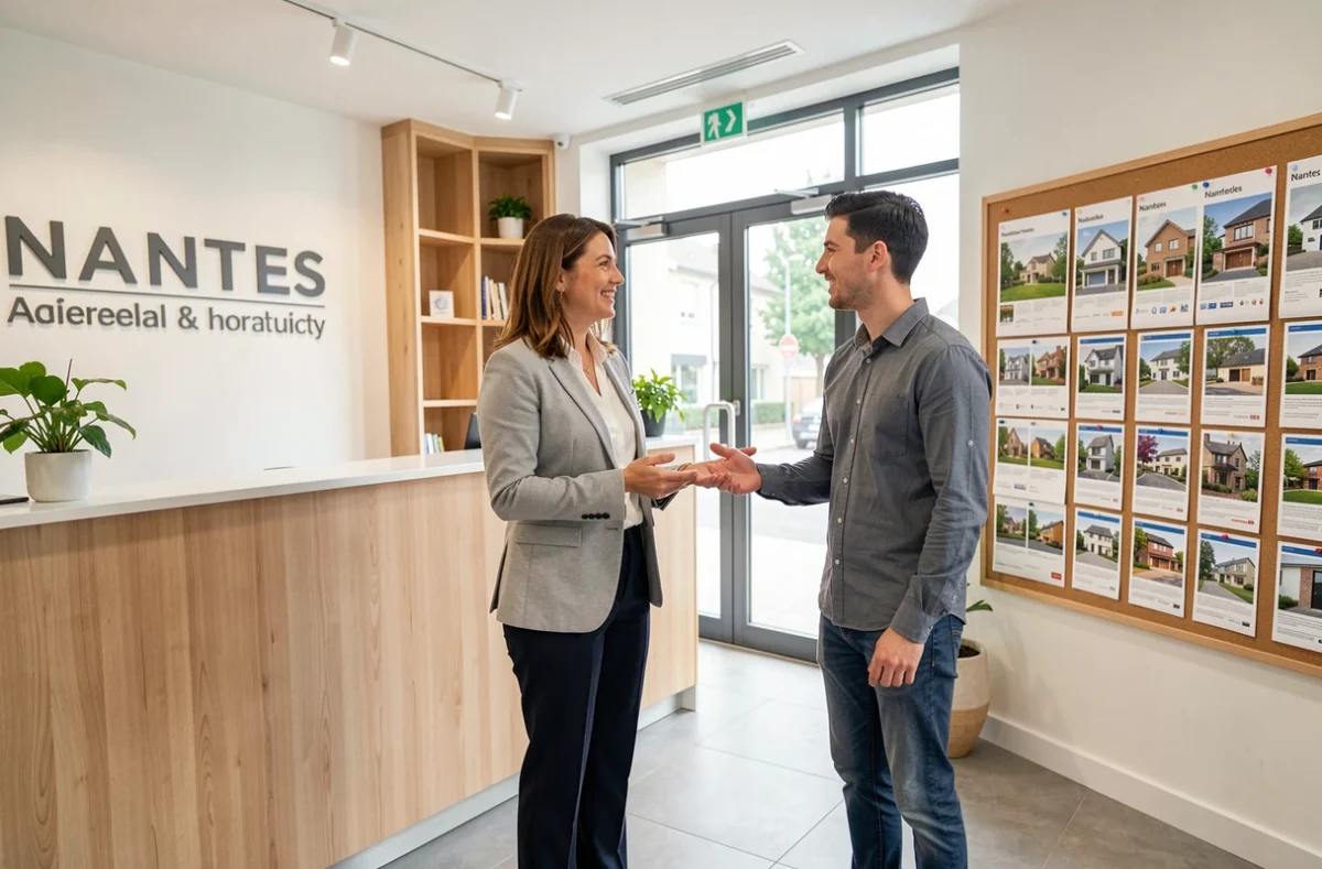 Courtière de Nantes Crédit accueillant des clients dans l'agence pour un projet de prêt immobilier
