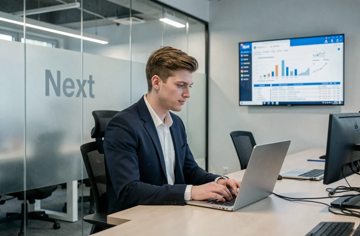 Courtier de Next Assurances travaillant sur un ordinateur dans un bureau moderne