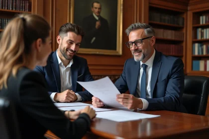 Notaire professionnel présentant des documents à un couple