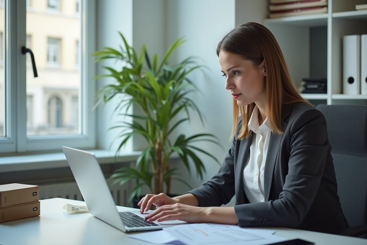Comptable analysant les déductions fiscales liées aux frais de repas sur ordinateur portable au bureau