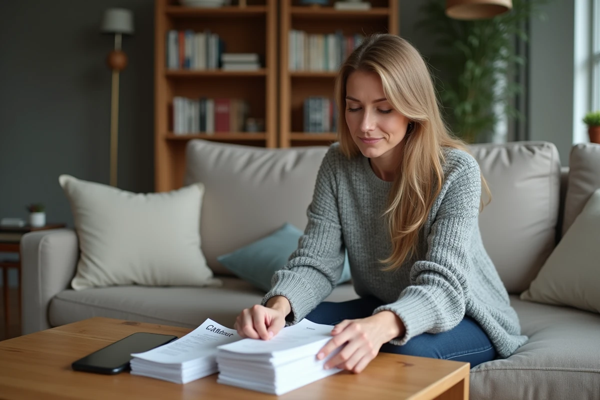 Femme organisant ses tickets de caisse sur une table basse pour optimiser ses remboursements via une application mobile de cashback