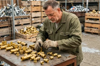 Ouvrier en recyclerie examinant des pièces en laiton sur un établi industriel pour évaluation tarifaire