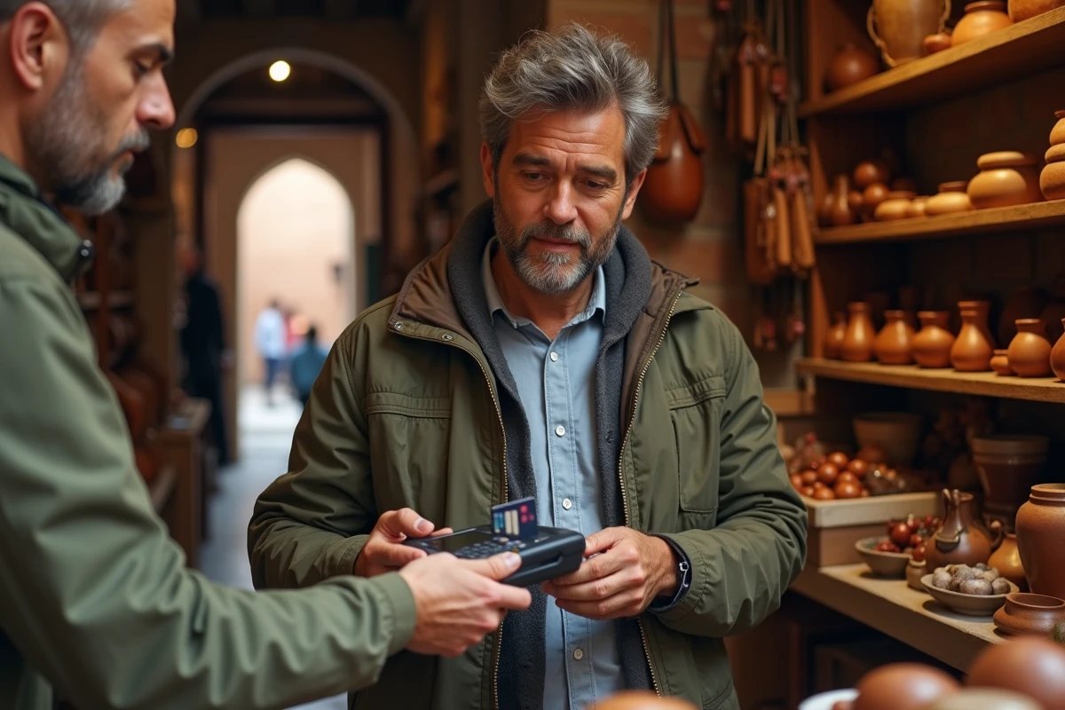 Touriste payant par carte bancaire dans une boutique artisanale du souk marocain, illustrant les options de paiement sans espèces au Maroc